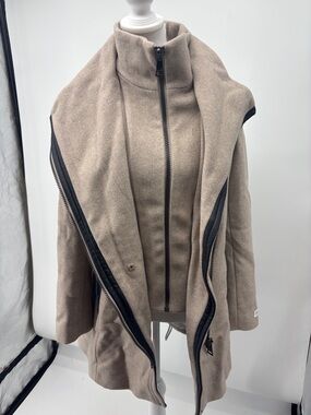 Calvin Klein Taupe Asymmetrical double Zip Pea Coat with Black Trim